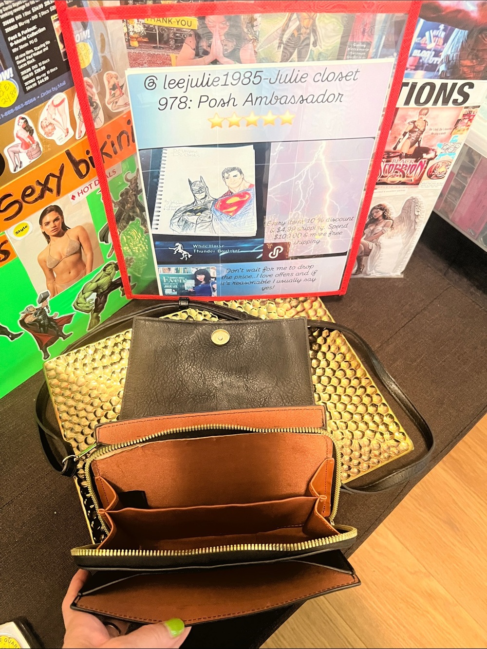 #2604**Black Vintage Crossbody Bag with Gold Medallion - Picture 8 of 17